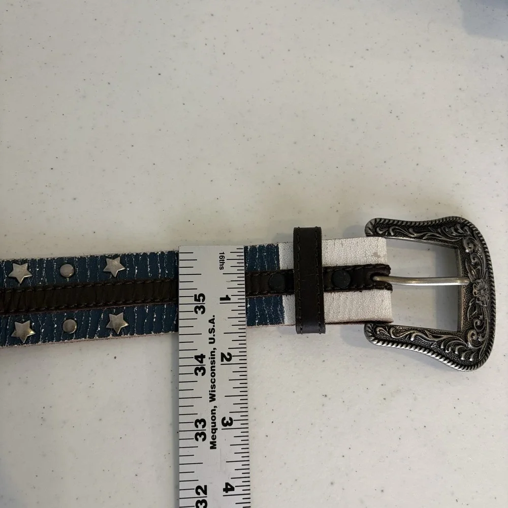 Dan Post Leather USA Western Belt Women L Floral Engraved‎ Buckle Studded 40